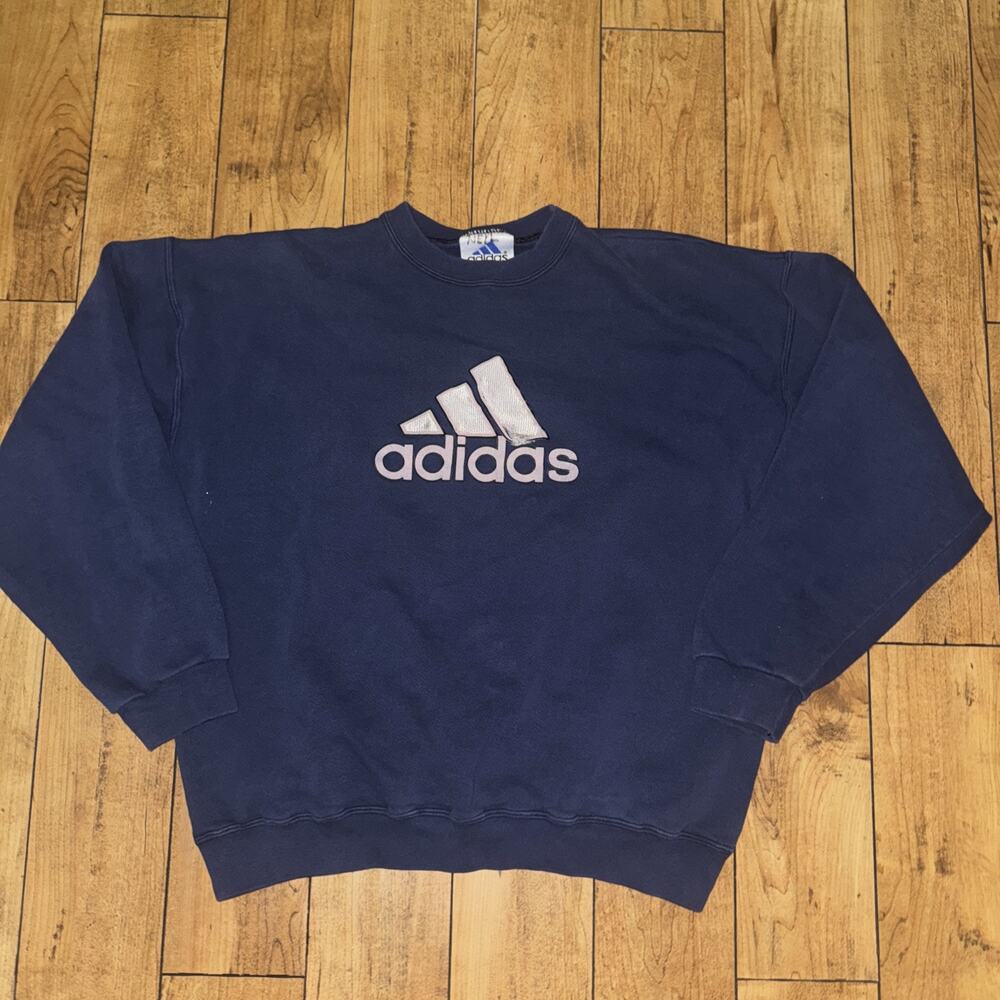 Vintage Adidas Crewneck Sweater Blue Medium 22x24 Felt Spell Out